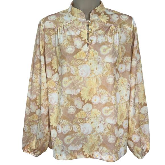 Vintage Nikki 1/4 Button Long Sleeve Blouse Yellow Neutral Floral 70s Disco M - Picture 1 of 7